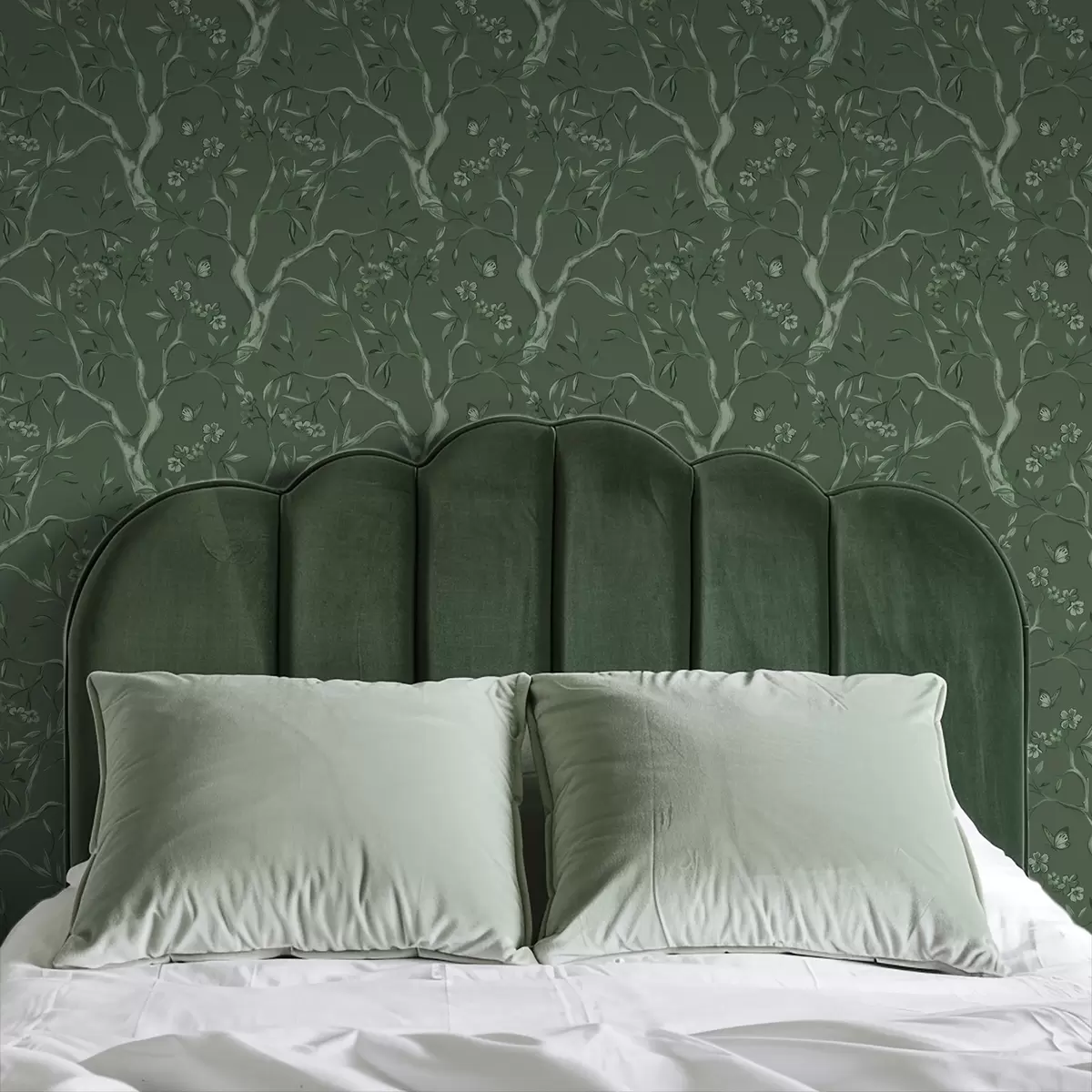 Wallpaper Green flowering branches with butterflies on a deep background a00951v3