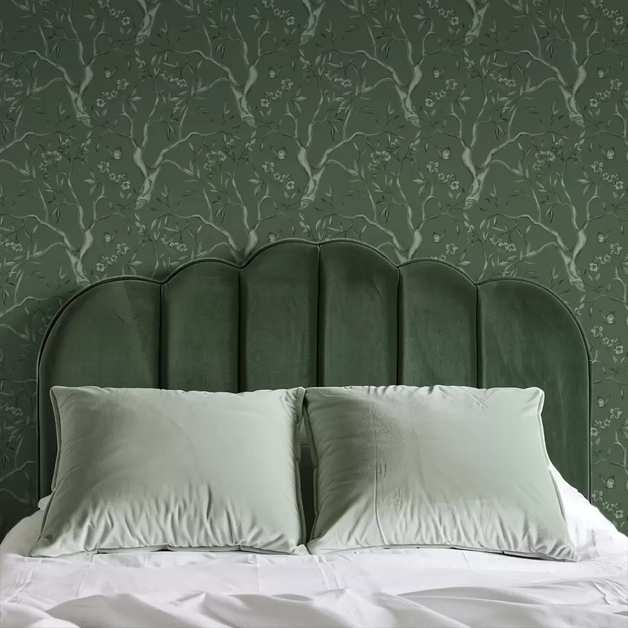 wall murals Green flowering branches with butterflies on a deep background a00951v3