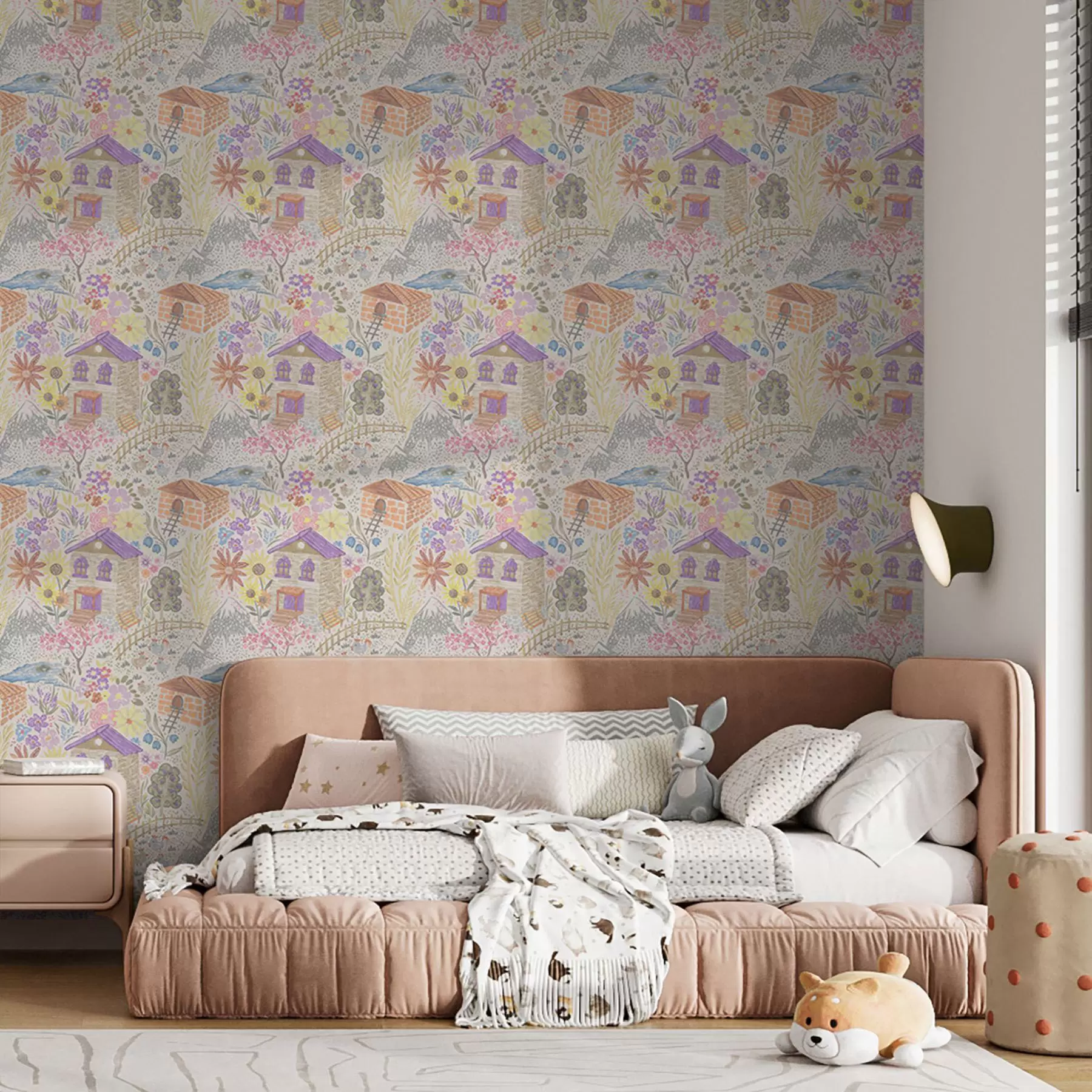 wall murals Childlike village drawing with a house, mountains and flowers a00952