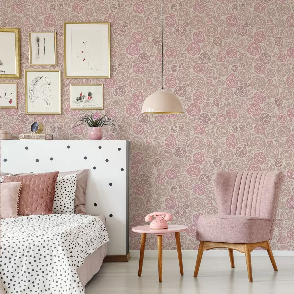 Wallpaper Spiral pink roses and splashes on a light background a00955