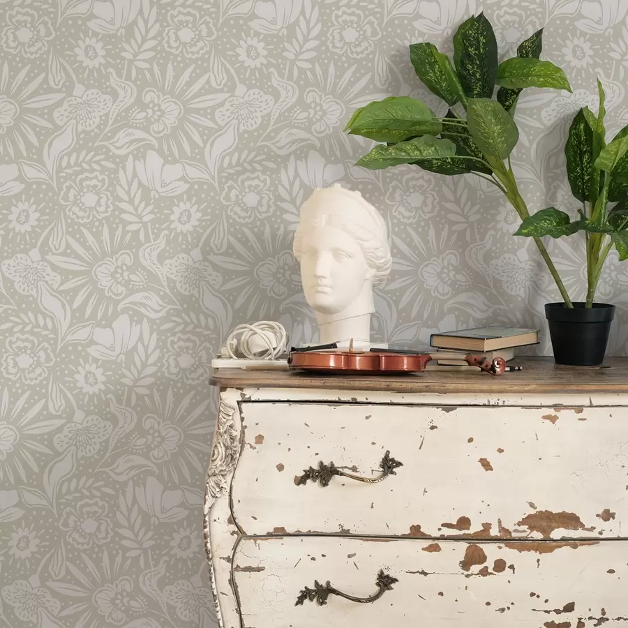 wall murals White linear floral ornament on a beige background a00956