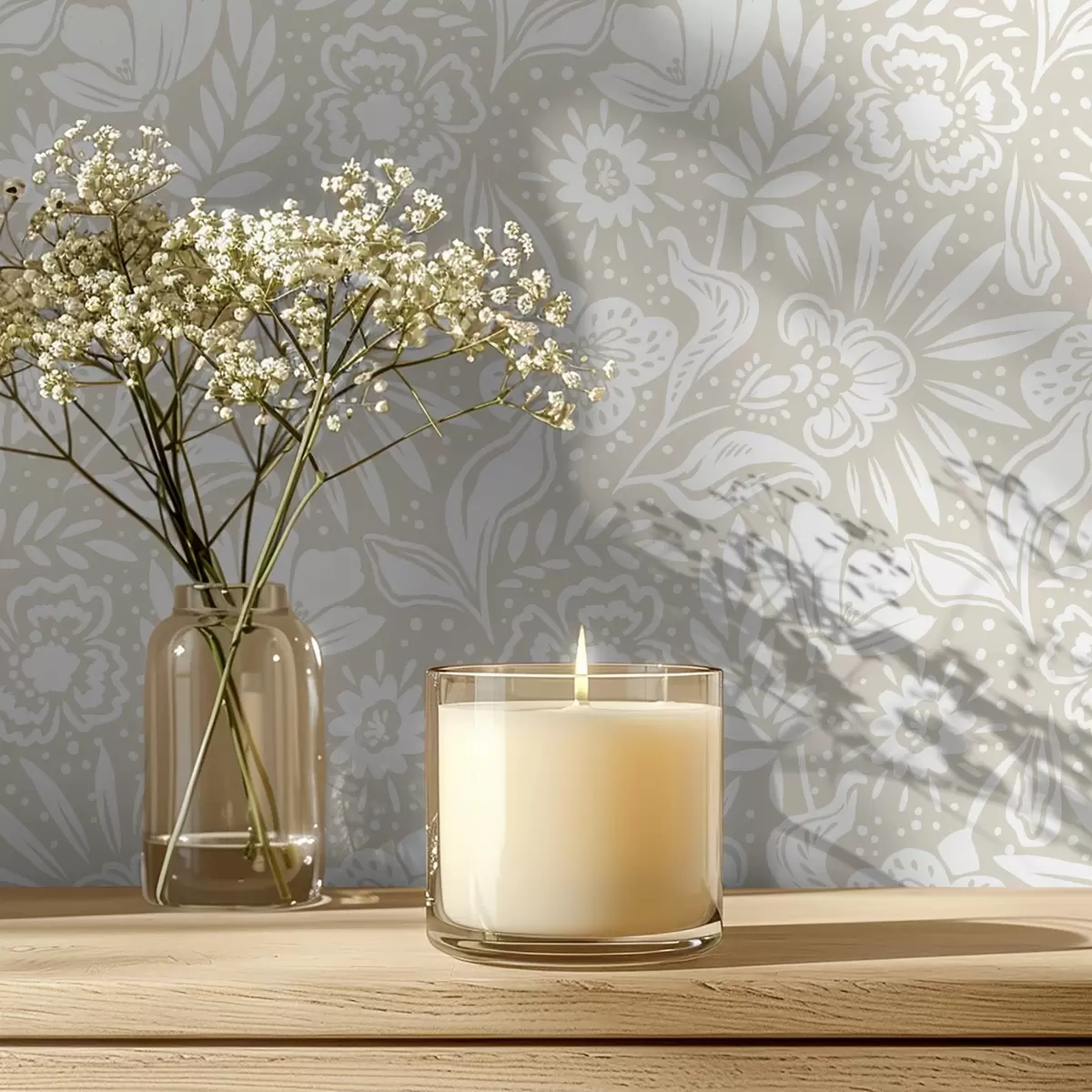 Wallpaper White linear floral ornament on a beige background a00956