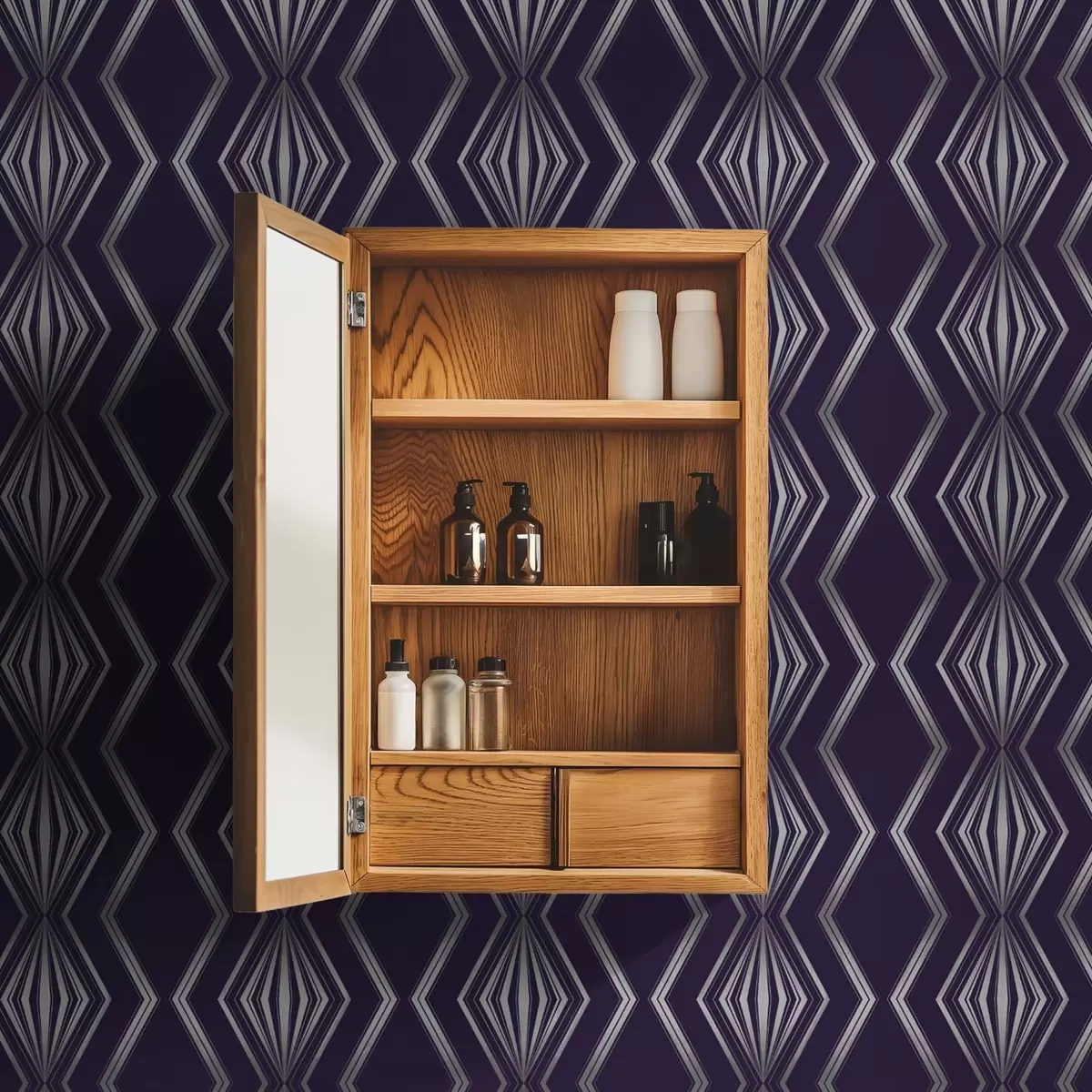 Wallpaper Rich violet background with diamonds and grey zigzag lines a00974v1