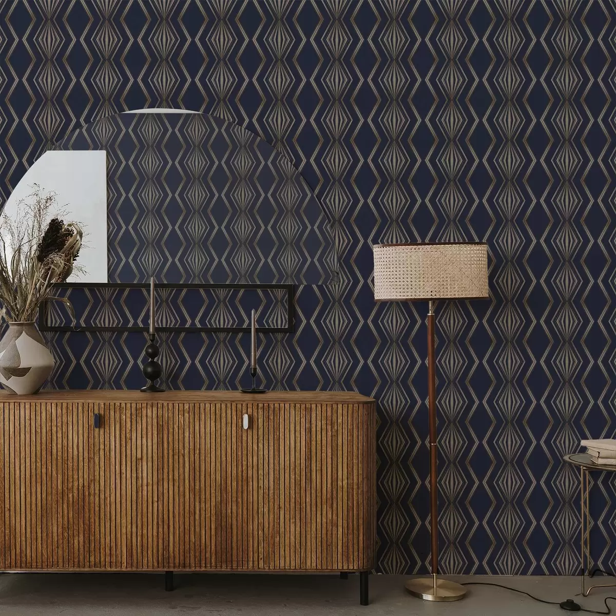 Wallpaper Dark blue background with geometric diamonds and zigzags a00974v2