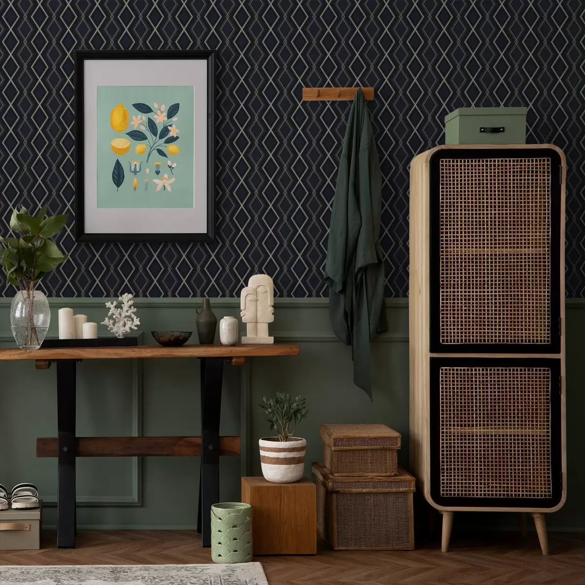 Wallpaper Dark blue diamond grid with thin light lines a00975