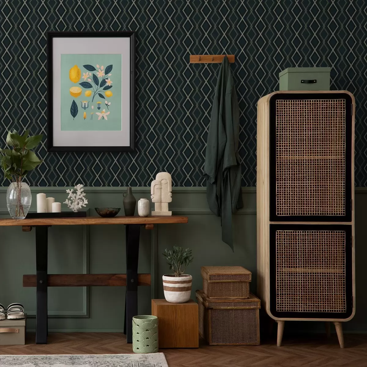 Wallpaper Dark teal background with a repeating diamond grid a00975v1