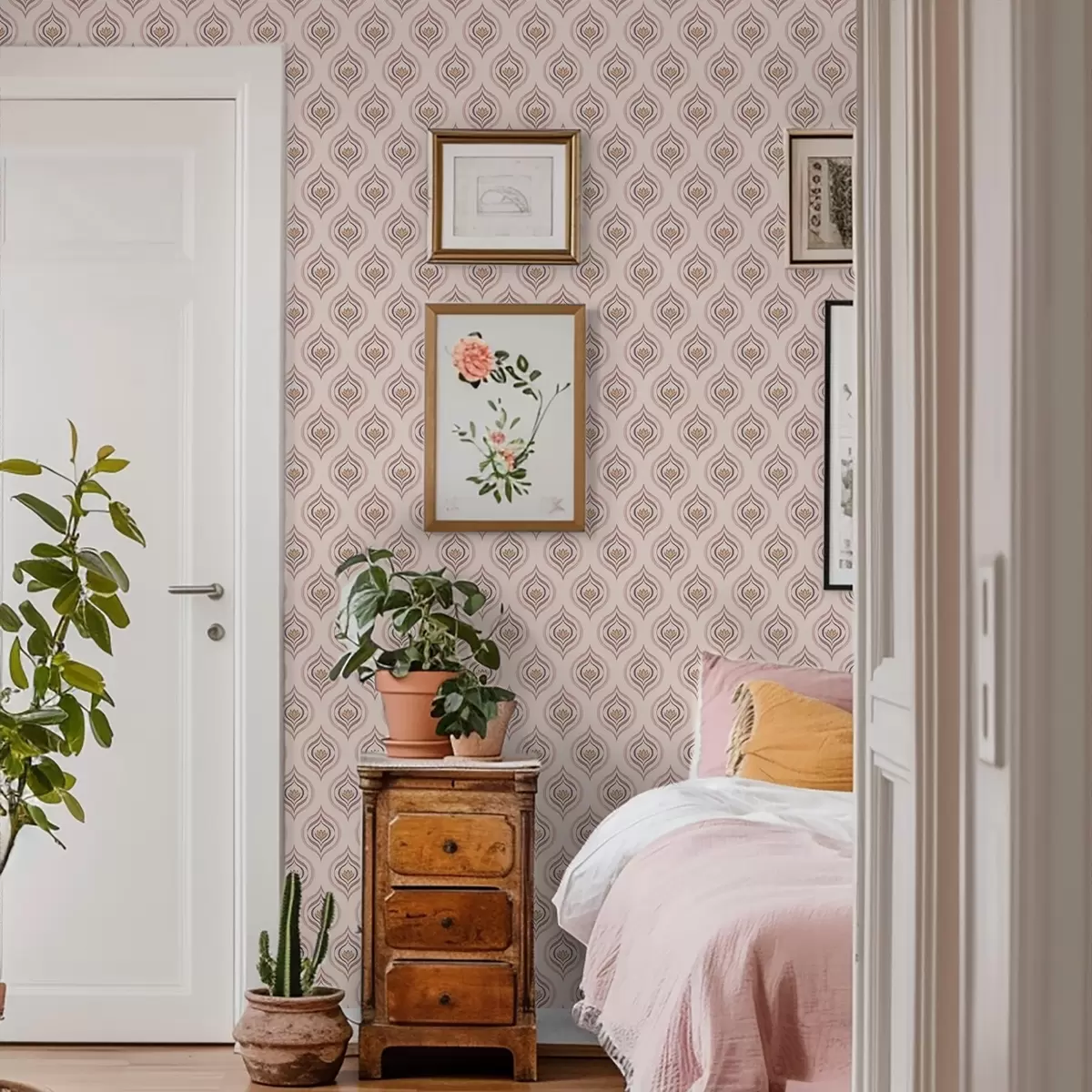 Wallpaper Rhythmic drop motif with a flower on a powdery background a00977