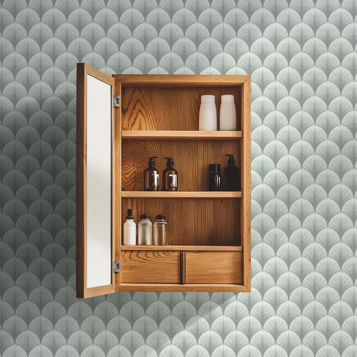 Wallpaper Mint fan arches with rays on a soft greenish background a00978v2