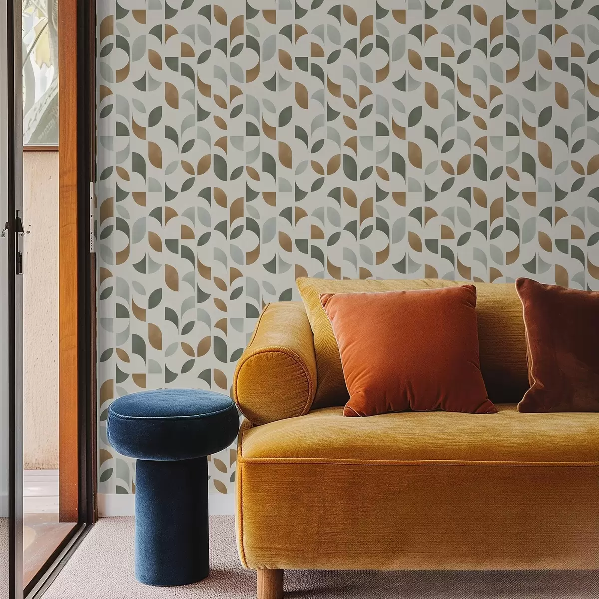 Wallpaper Vertical columns of half circles and leaves, green-terracotta a00986