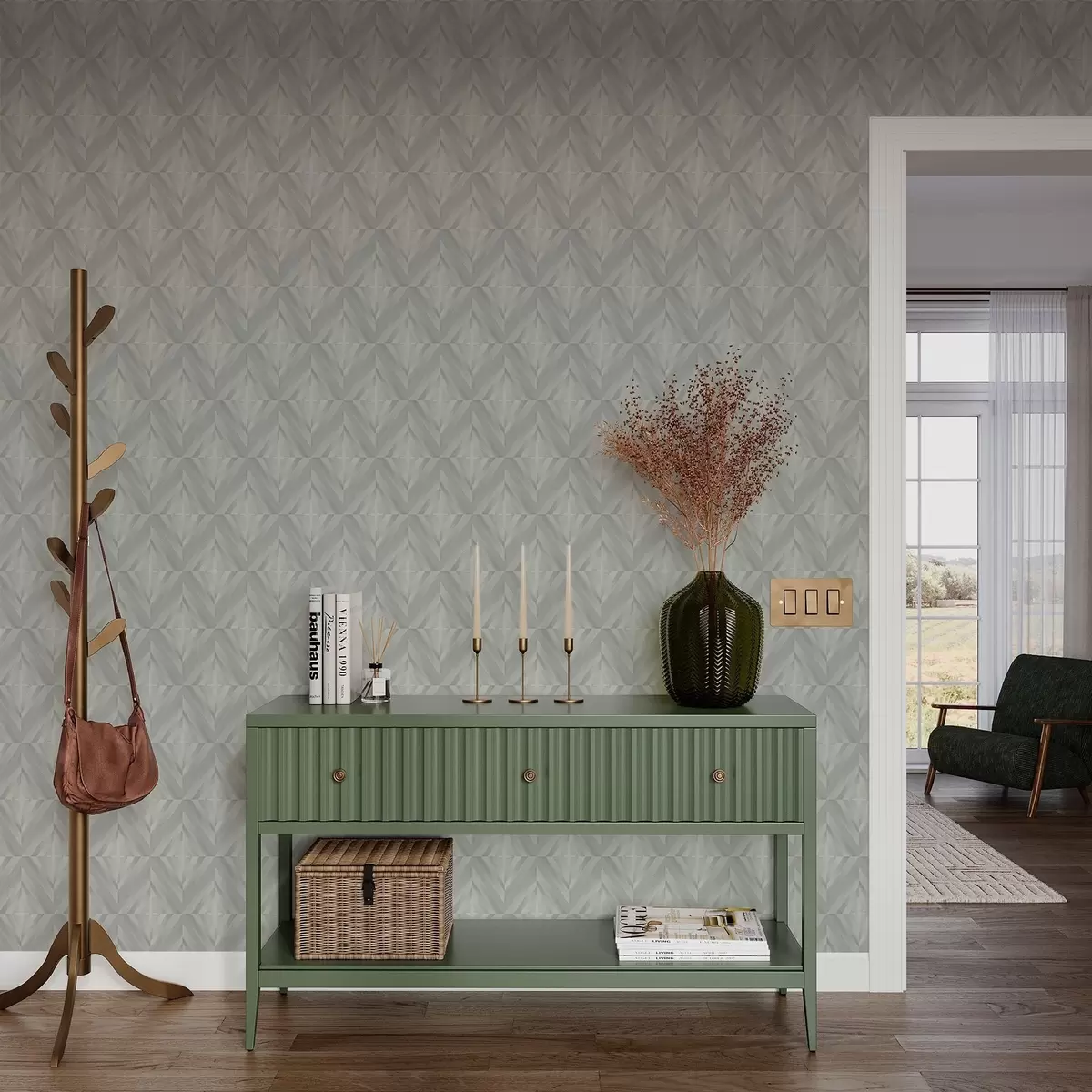 Wallpaper Diagonal strokes forming squares in a mint-grey palette a00983v1