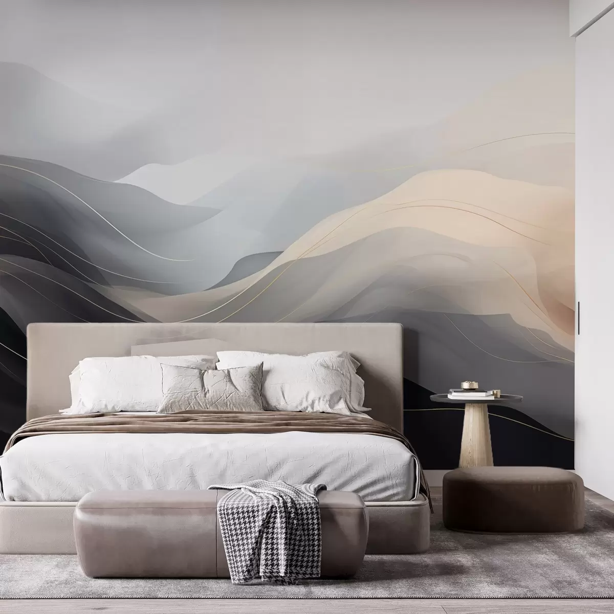 wall murals Abstract misty waves in gray-cream tones with yellow lines w09504