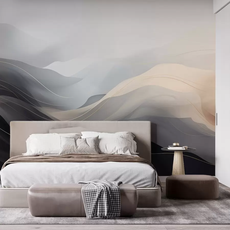 wall murals Abstract misty waves in gray-cream tones with yellow lines w09504