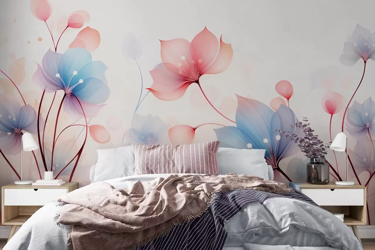 wall murals Delicate pink-blue flowers — airy flora on a white watercolor background w09507
