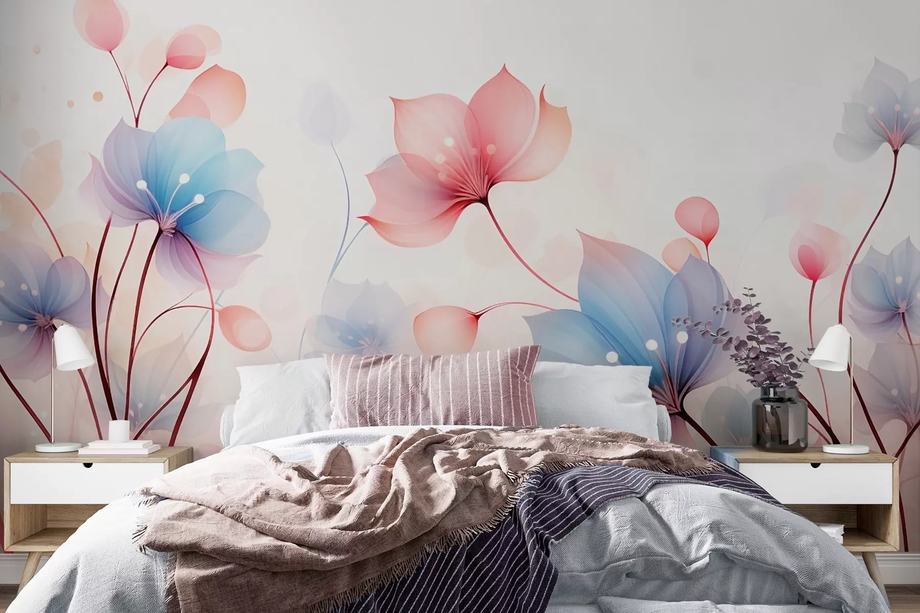 wall murals Delicate pink-blue flowers — airy flora on a white watercolor background w09507