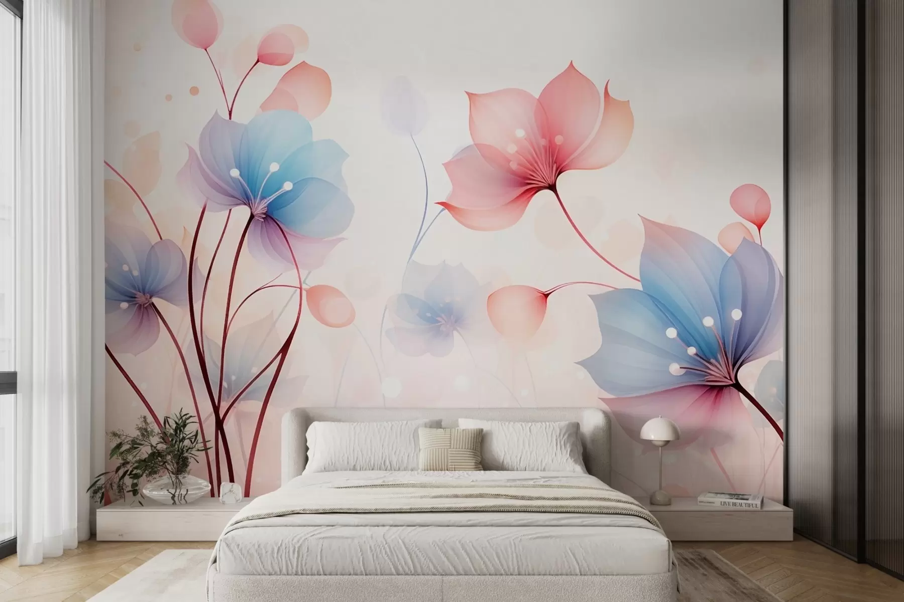 wall murals Delicate pink-blue flowers — airy flora on a white watercolor background w09507