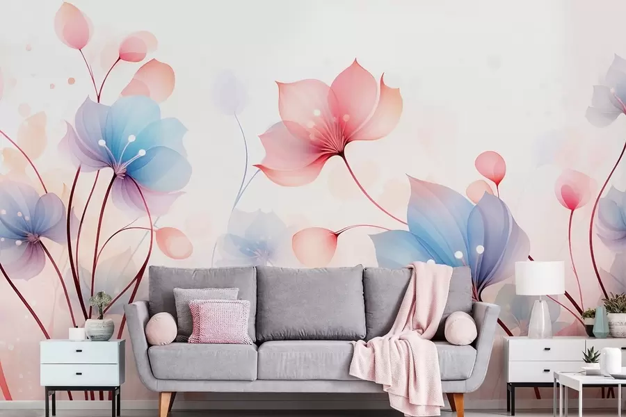 wall murals Delicate pink-blue flowers — airy flora on a white watercolor background w09507