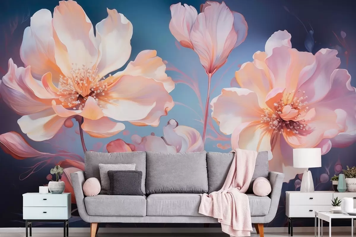 wall murals Airy rose-cream peonies in watercolor style on a deep blue background w09513