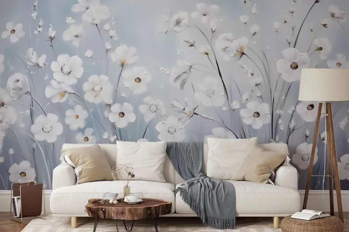 wall murals White flowers against a blue sky in oil painting style w09516