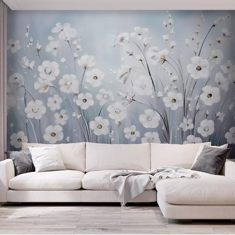 wall murals White flowers against a blue sky in oil painting style w09516