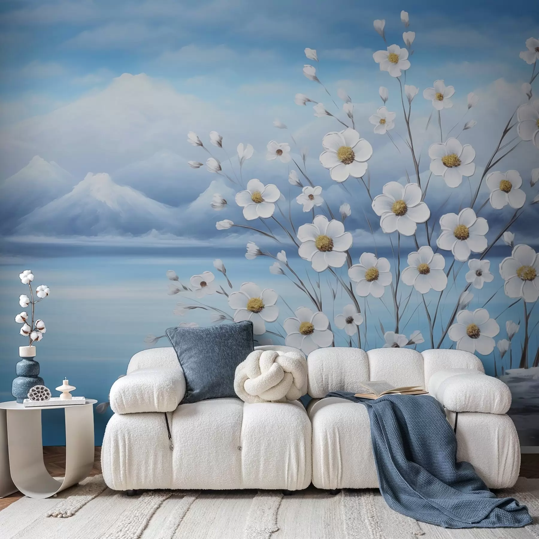 wall murals White spring flowers by an icy lake with snowy mountains in oil-painting style w09526