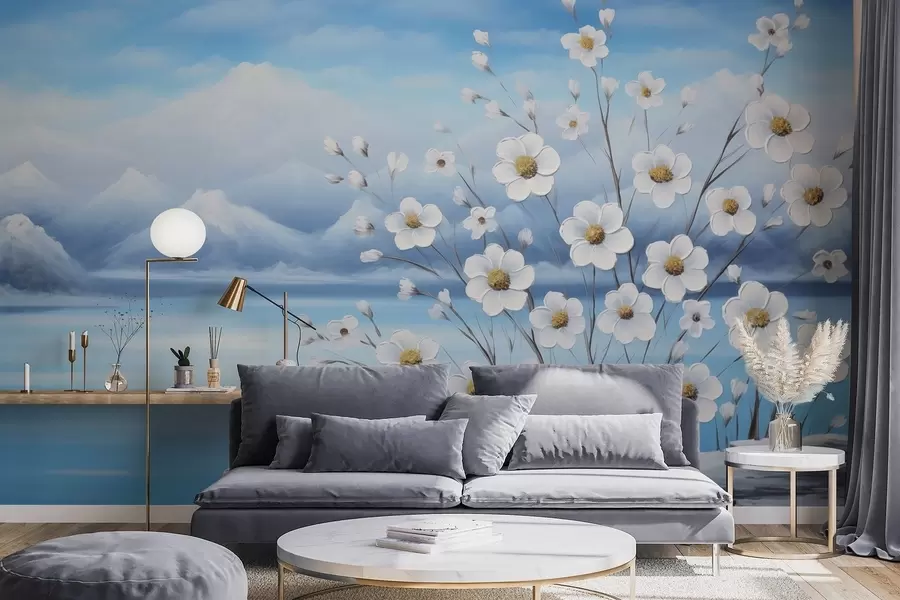wall murals White spring flowers by an icy lake with snowy mountains in oil-painting style w09526