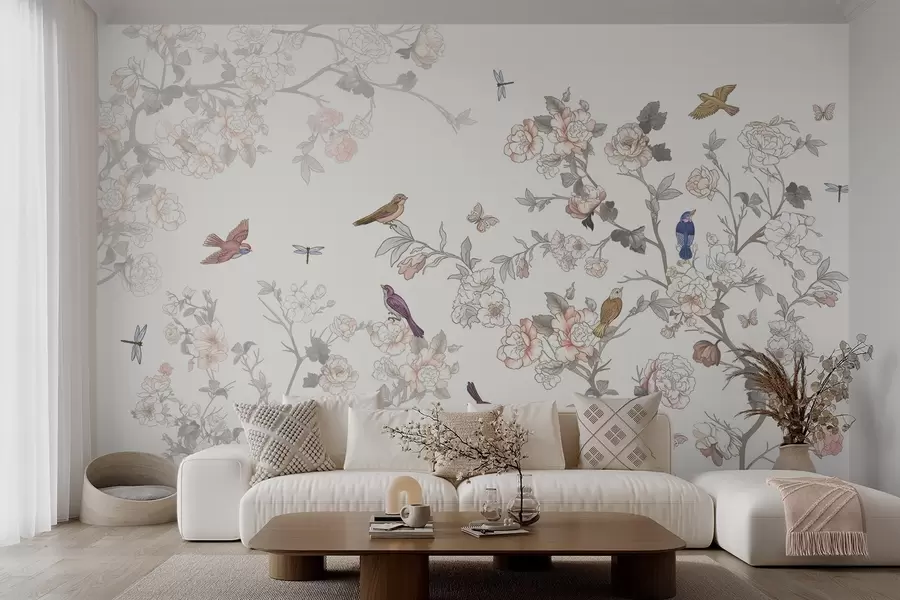 wall murals Birds near branches with flowers w04939