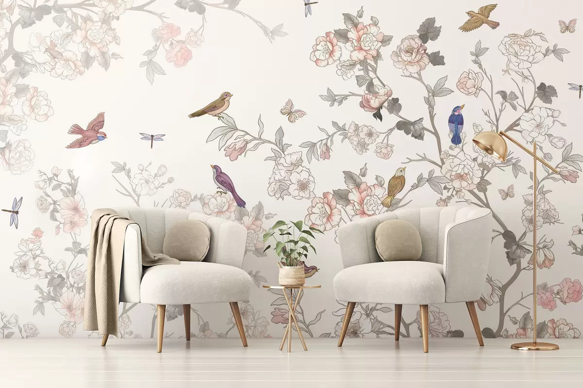 wall murals Birds near branches with flowers w04939