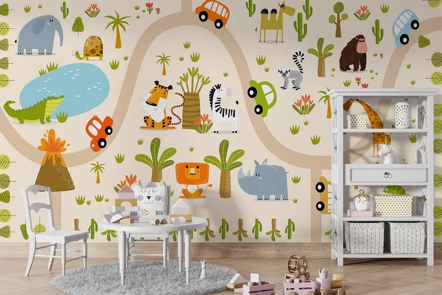 wall murals Safari with animals and cars w04931