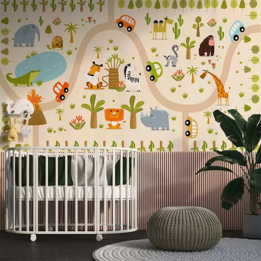 wall murals Safari with animals and cars w04931