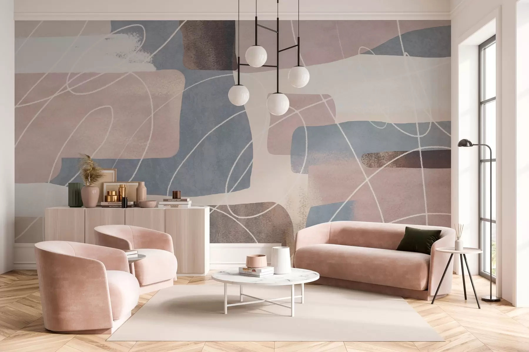 wall murals modern abstraction in shades of powder pink, gray-blue, beige, and brown w04877