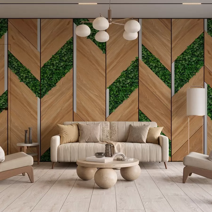 wall murals imitation of light wooden panels with plant inserts w04875
