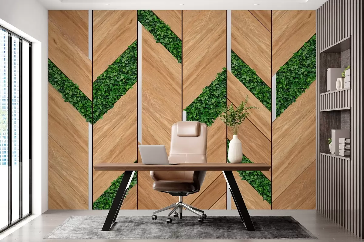 wall murals imitation of light wooden panels with plant inserts w04875