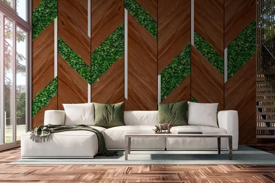 wall murals imitation of dark wood panels with plant inserts w04875v1