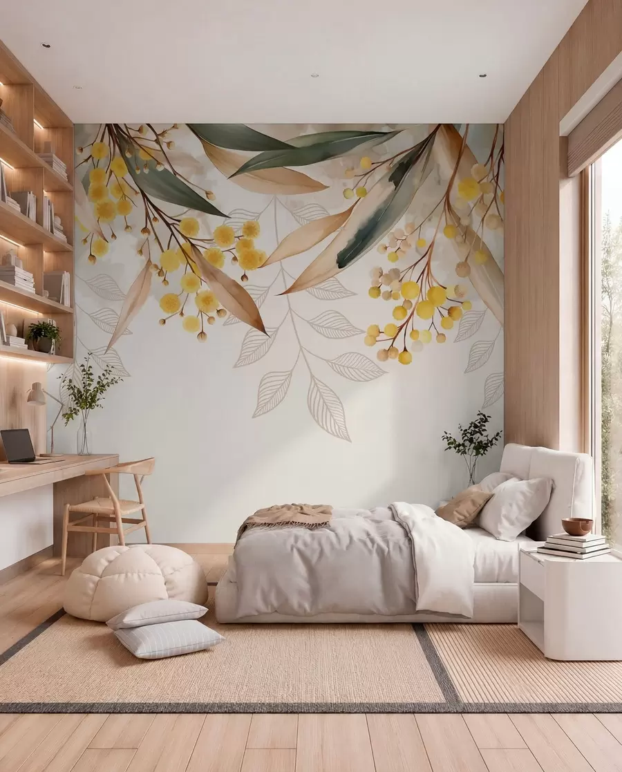 wall murals flowers and leaves of mimosa falling from above in watercolor style w04880