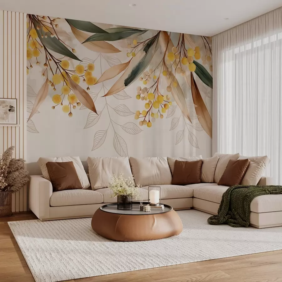 wall murals flowers and leaves of mimosa falling from above in watercolor style w04880