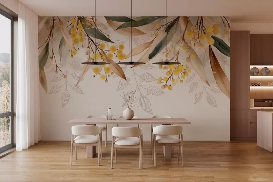 wall murals flowers and leaves of mimosa falling from above in watercolor style w04880