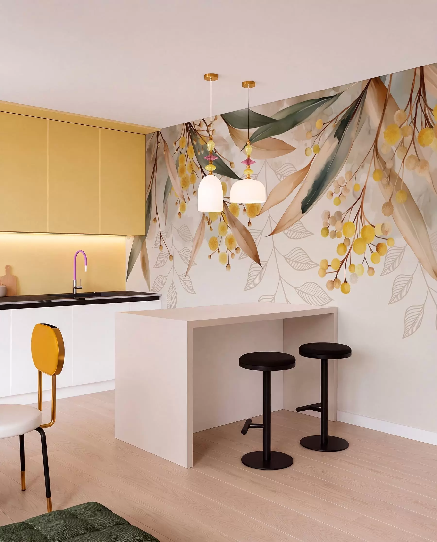 wall murals flowers and leaves of mimosa falling from above in watercolor style w04880