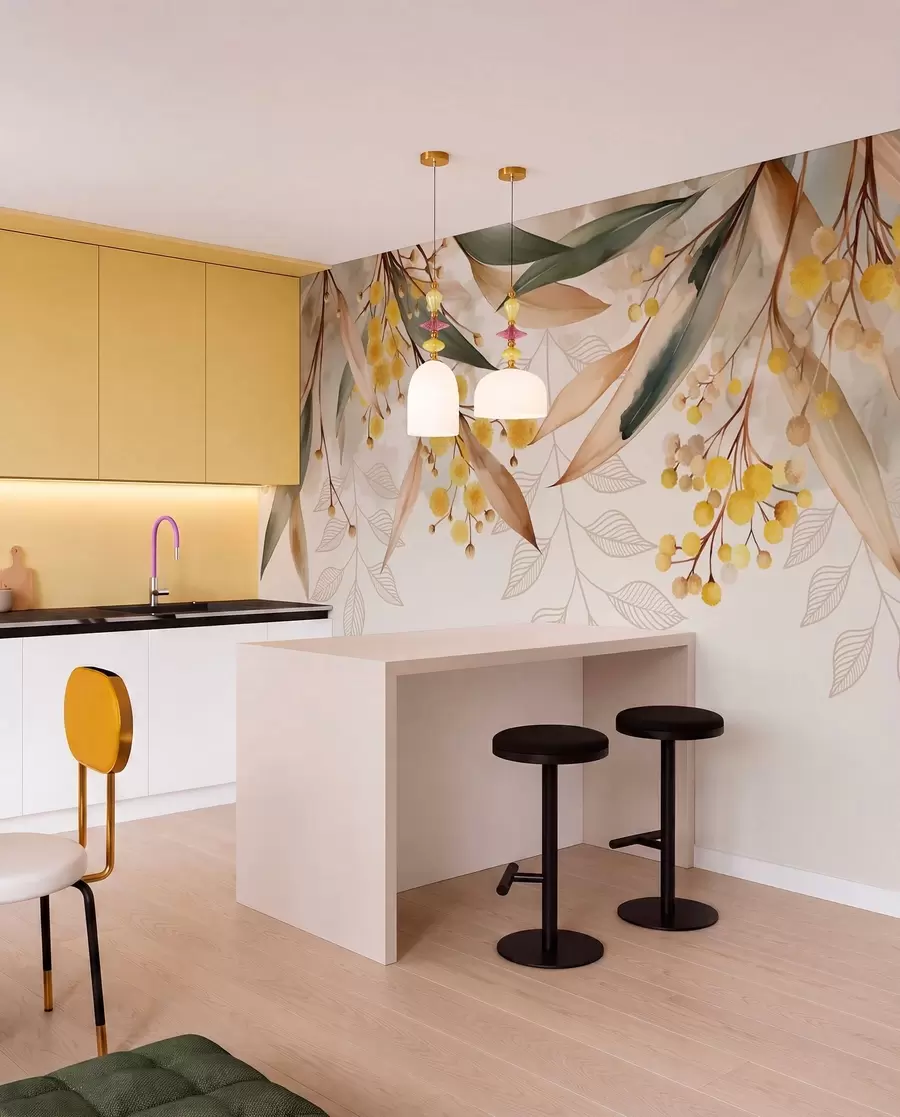 wall murals flowers and leaves of mimosa falling from above in watercolor style w04880