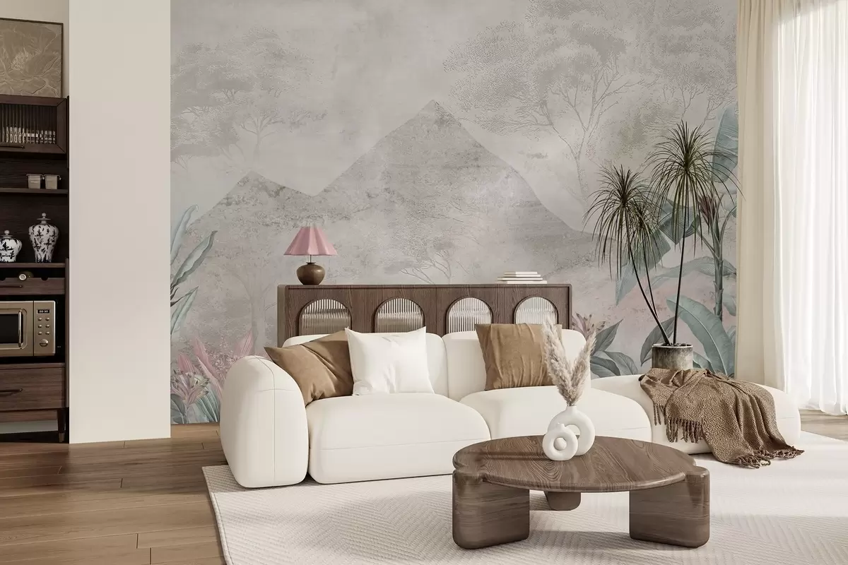 wall murals Pastel banana leaves and tropical flowers against mountains w04933