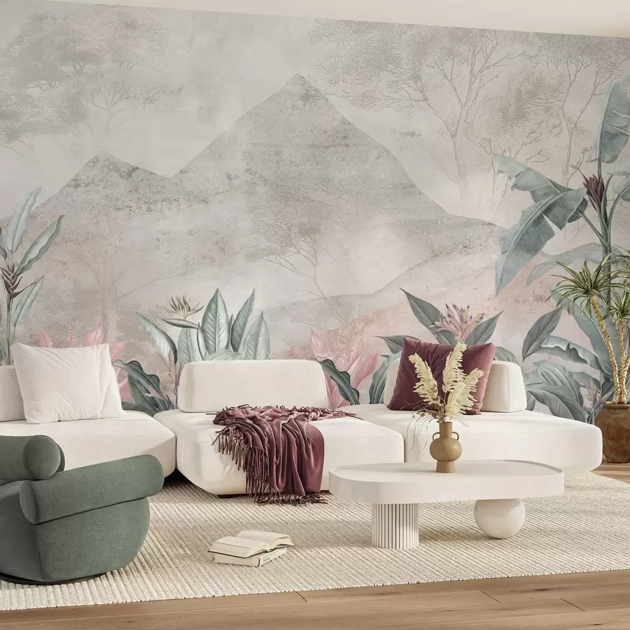 wall murals Pastel banana leaves and tropical flowers against mountains w04933
