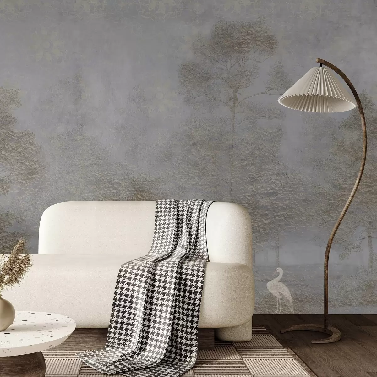 wall murals Misty forest with a white heron and soft texture w04953