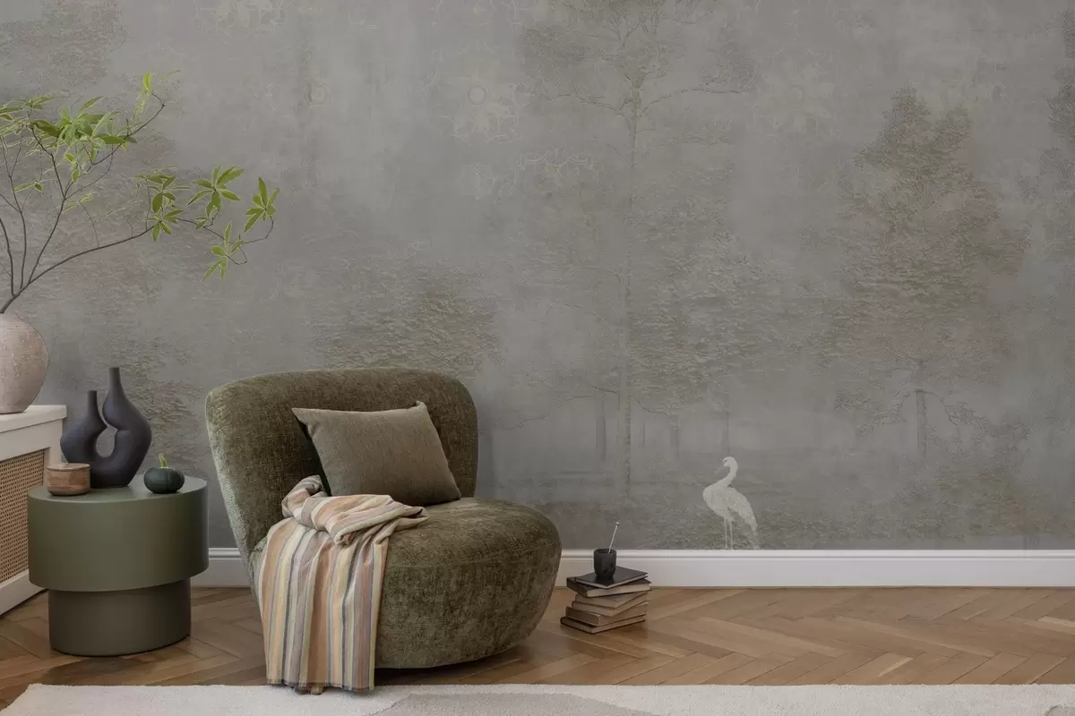 wall murals Misty forest with a heron and an ornamental pattern above w04953v1