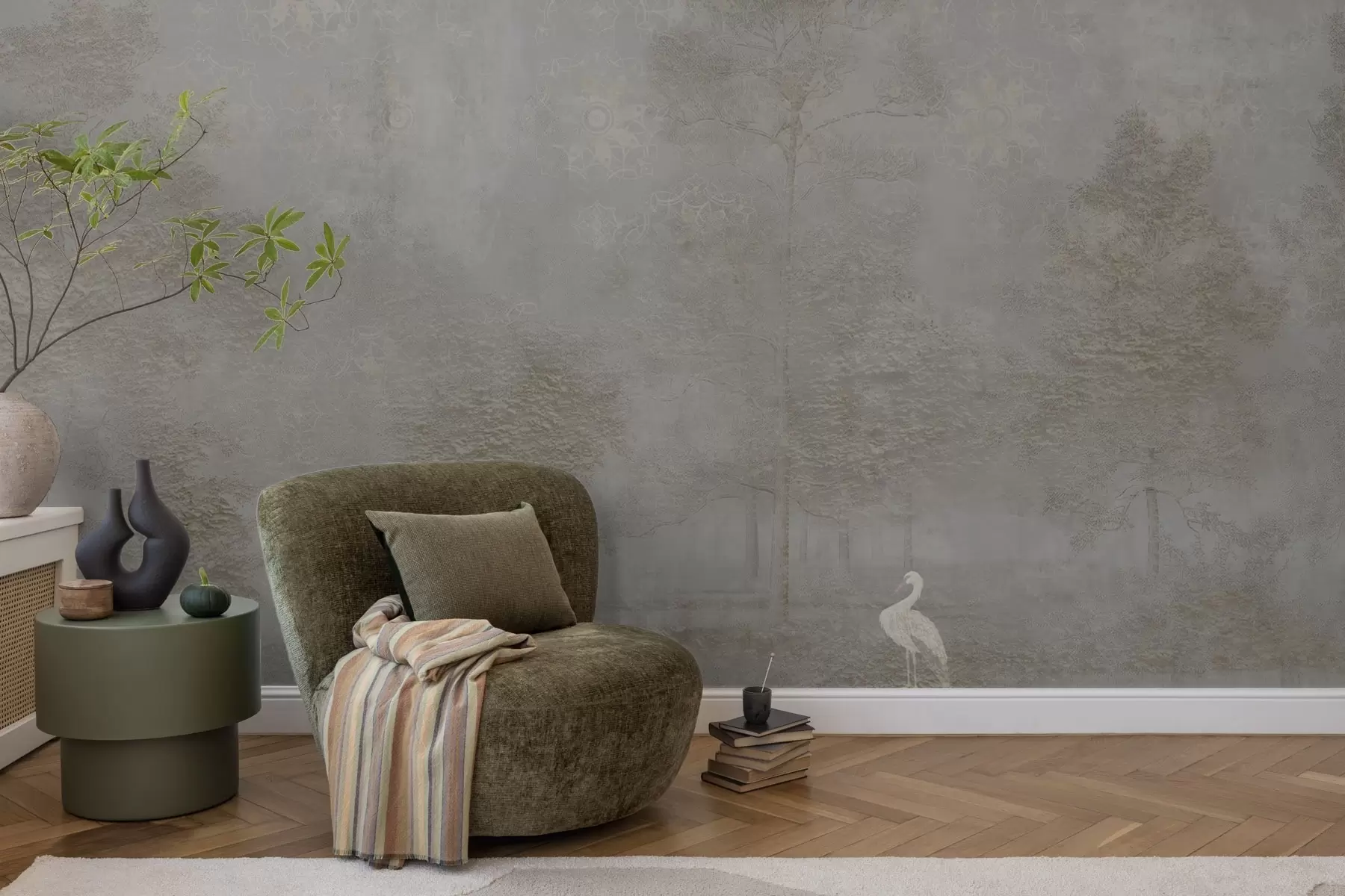 wall murals Misty forest with a heron and an ornamental pattern above w04953v1