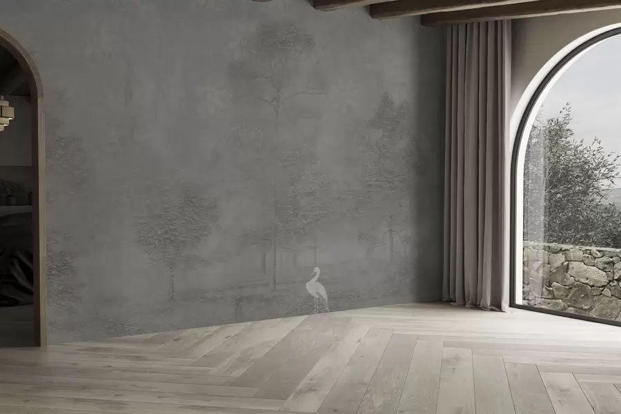 wall murals Light misty forest with a heron in cool gray tones w04953v2