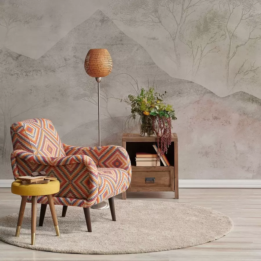 wall murals Soft pastel mountains and trees in light fog w04954