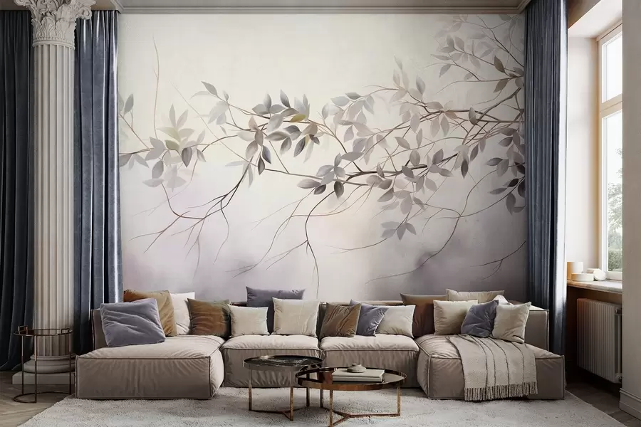 wall murals Delicate textured branches with muted grey, purple and green leaves against a soft, blurred background w09336