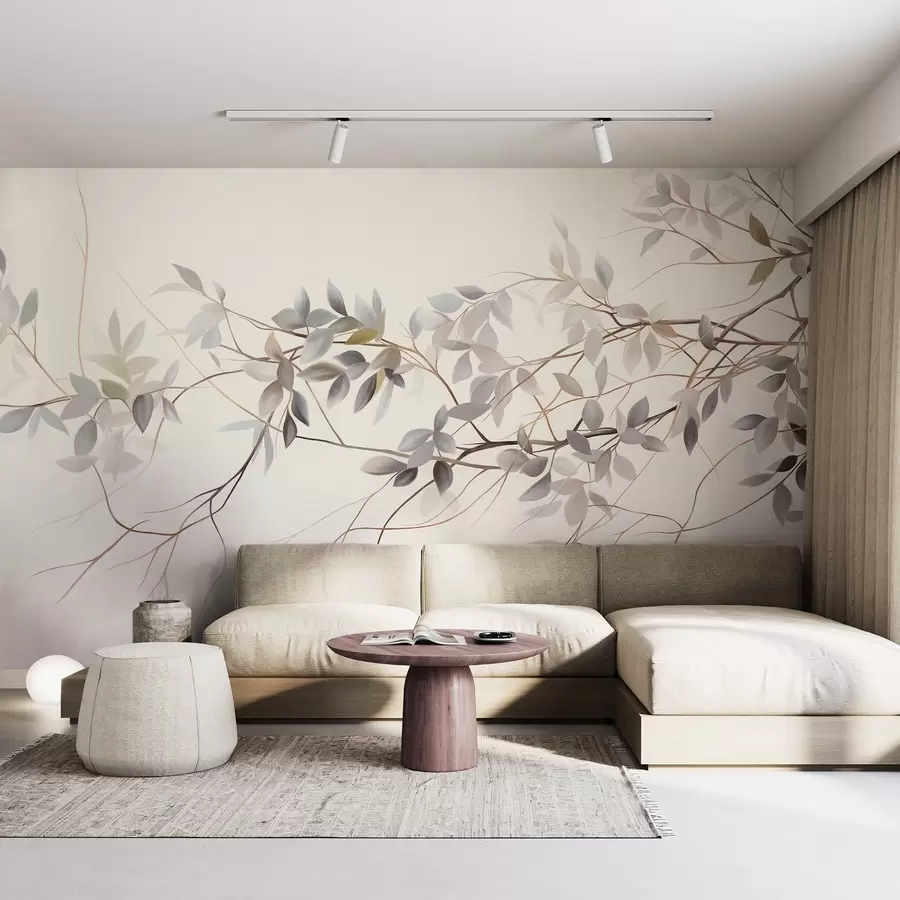 wall murals Delicate textured branches with muted grey, purple and green leaves against a soft, blurred background w09336