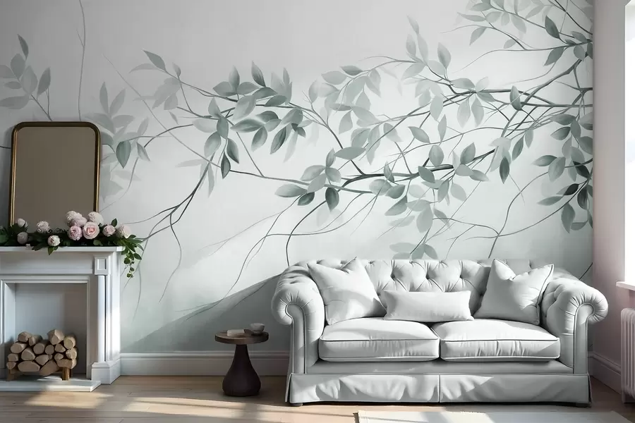 wall murals Delicate textured branches with muted grey and green leaves against a soft, blurred background w09336v1