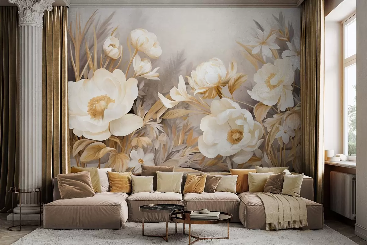 wall murals White and yellow peonies and other flowers with tall grass and leaves in a soft, painterly textured style w09494