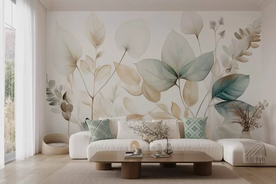 wall murals Textured translucent leaves in muted tones of beige and teal, with delicate stems against a soft, light background w09583